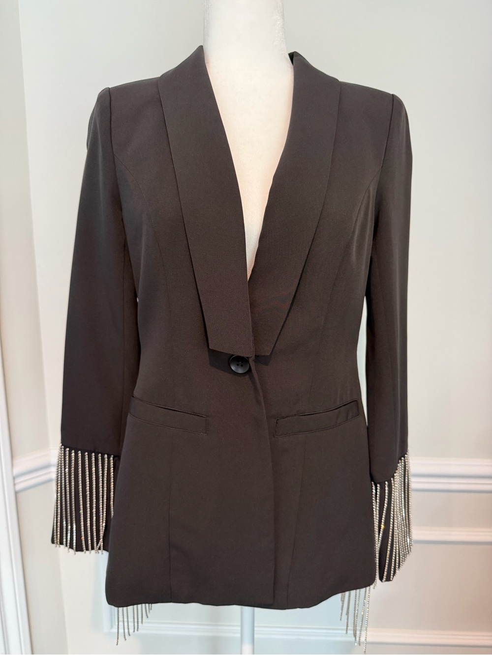 Black Women's Single-Button Blazer with Beaded Fringe Sleeves